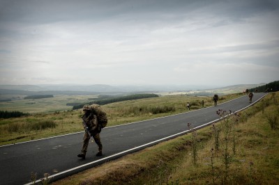 A long march in full combat gear during an exercise in Wales